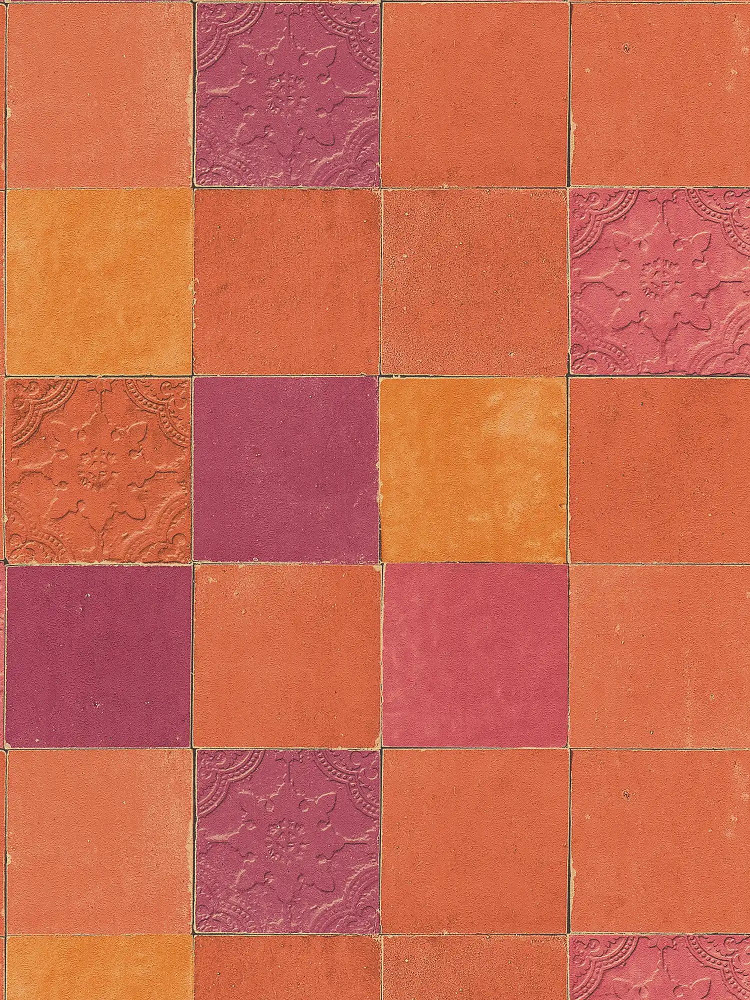 Papier peint carrelage mosaïque orientale - orange, rouge
