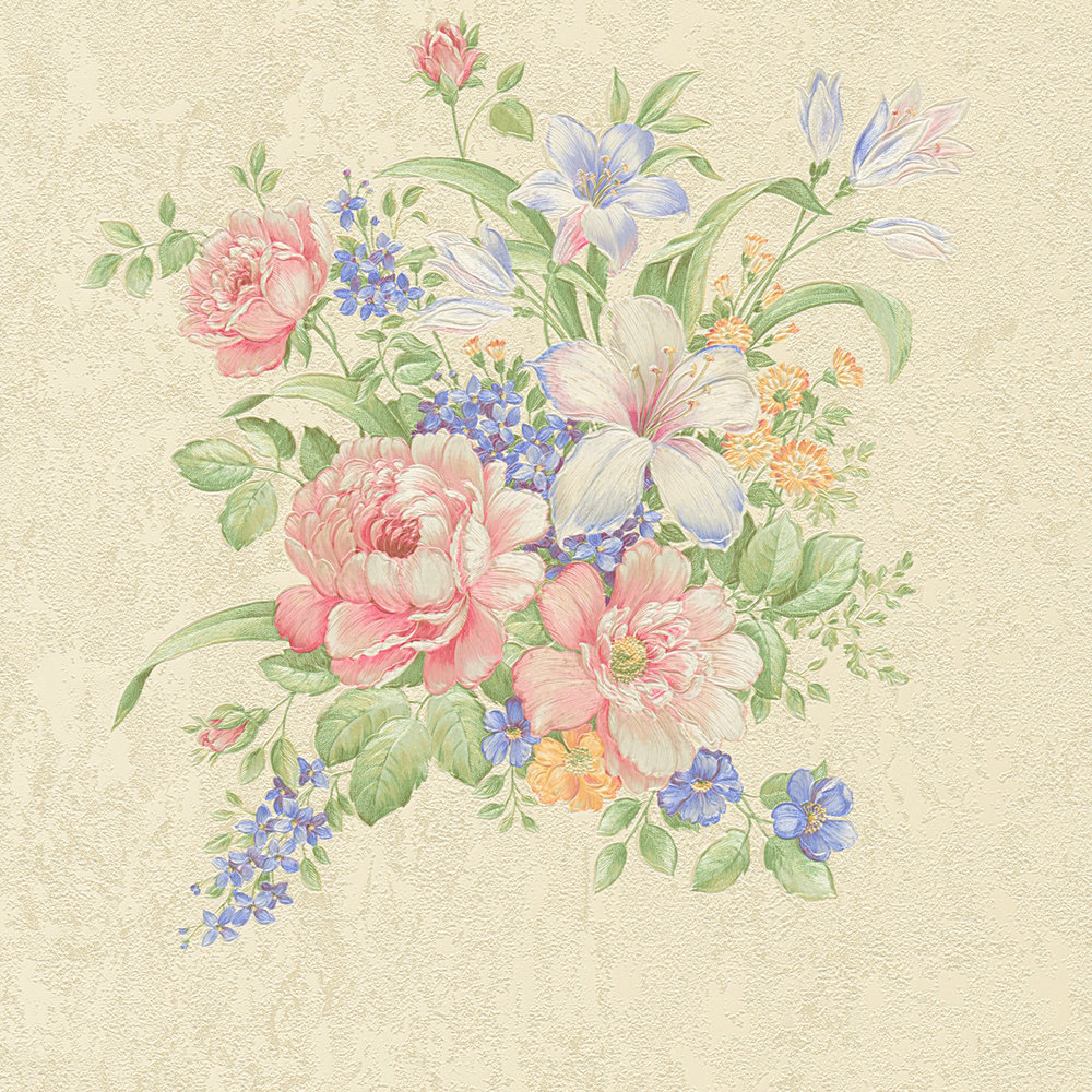             Papel pintado no tejido con adornos florales y textura - crema, verde, rosa
        