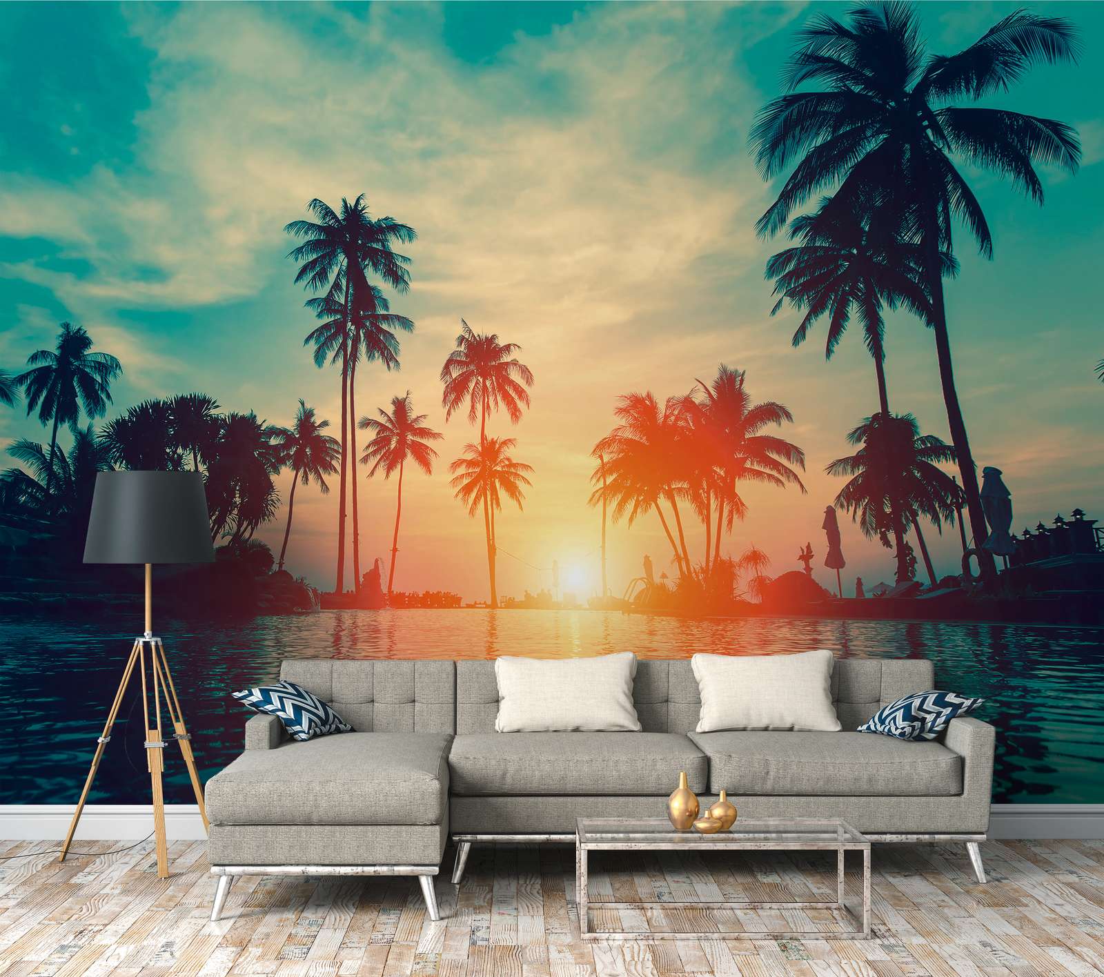             Photo wallpaper with palm trees on the water in the sunset - blue, orange, black
        