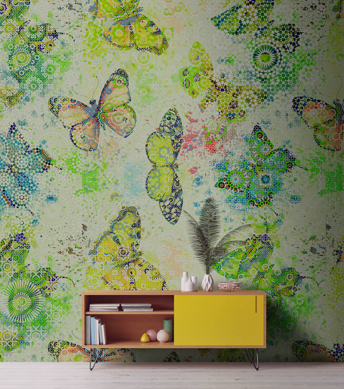             Papier peint papillon style Mosiak - vert, crème
        
