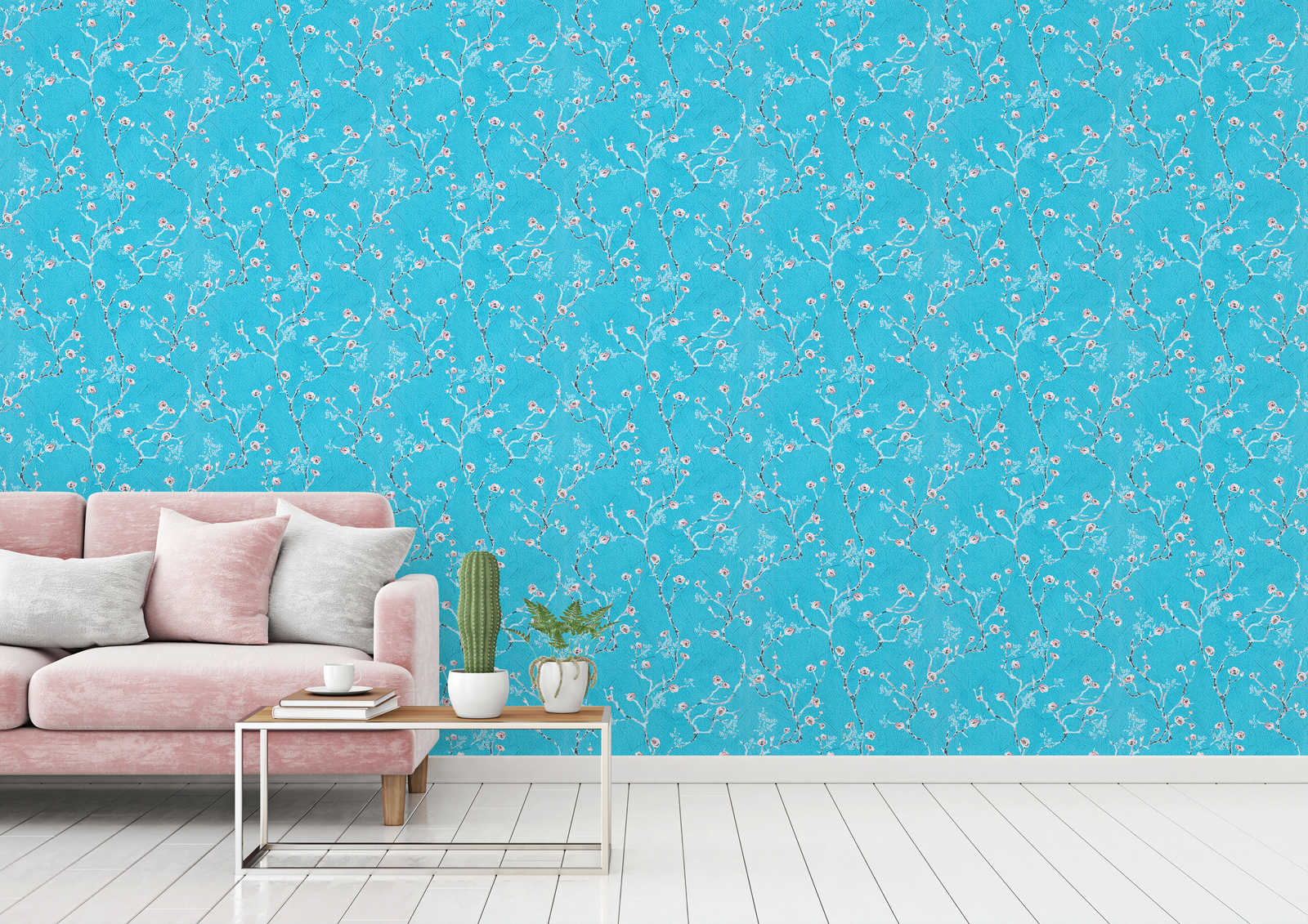             Blue wallpaper with cherry blossom pattern in Japan style
        