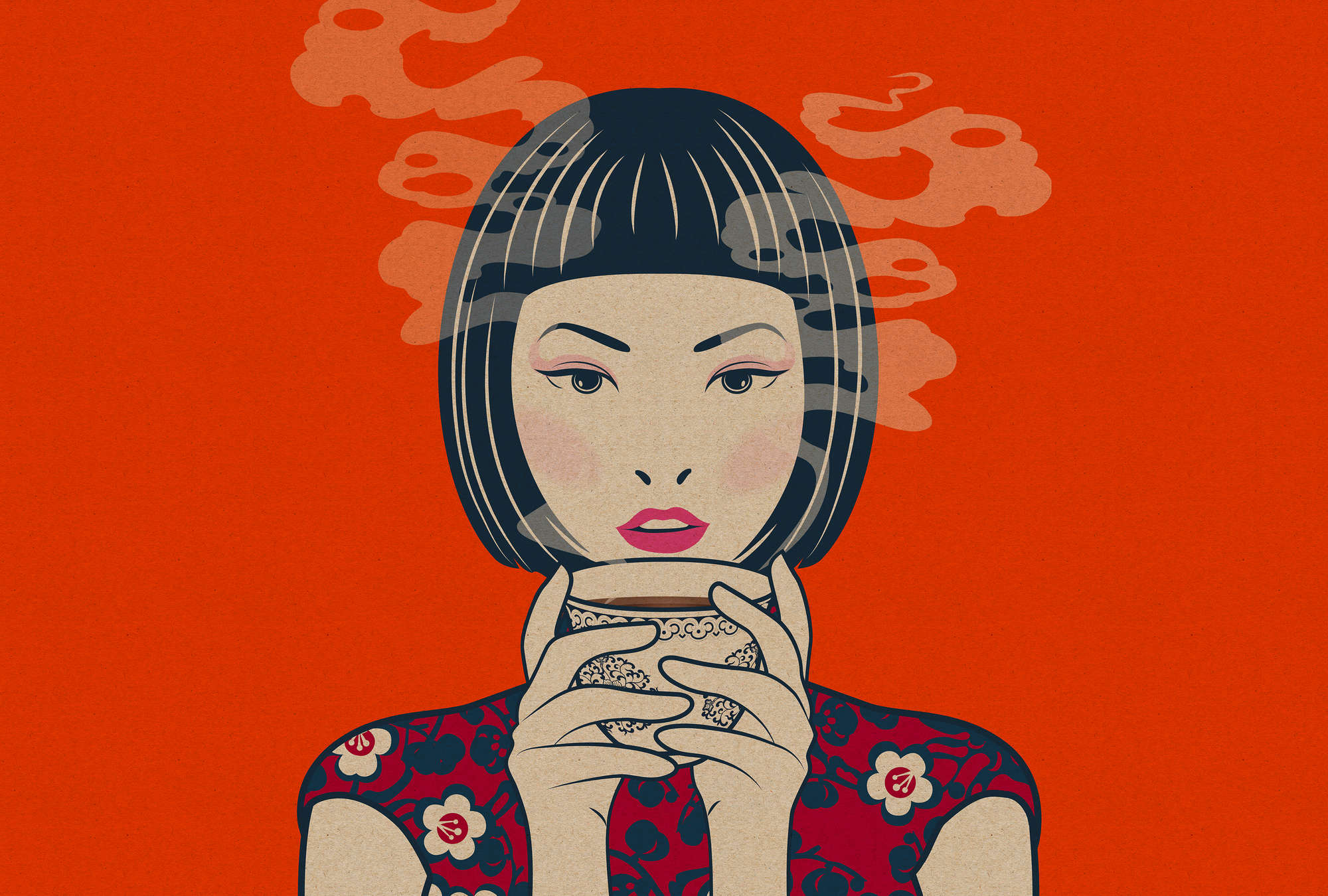             Akari 2 - L'ora del tè, stile manga in struttura di cartone su carta da parati - Beige, arancione | Perla in pile liscio
        