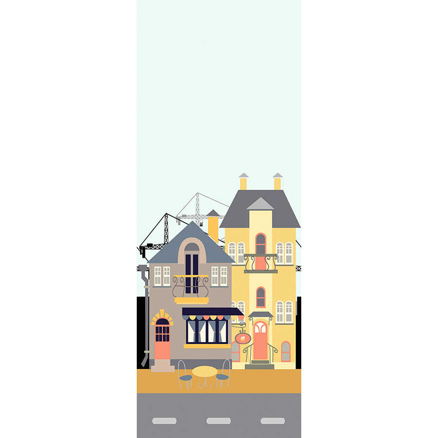 Papier peint panoramique ville avec magasin et immeuble d'habitation en bleu et jaune sur intissé lisse nacré
