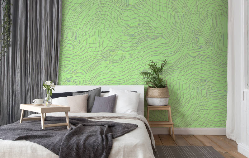             Green wall mural with lines design - green, grey
        