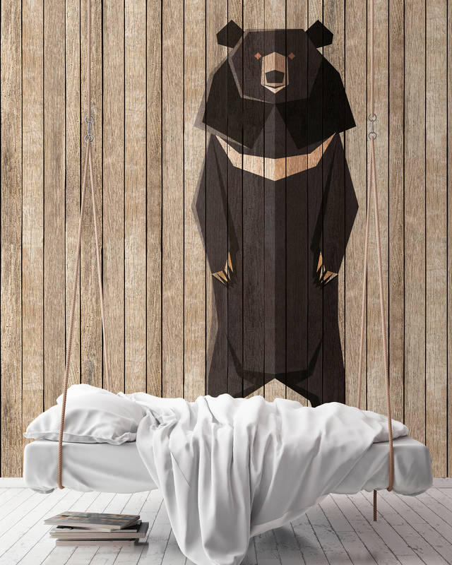             Born to Be Wild 1 - Board Wall Wallpaper with Bears - Wooden Panels Wide - Beige, Brown | Matt Smooth Non-woven
        