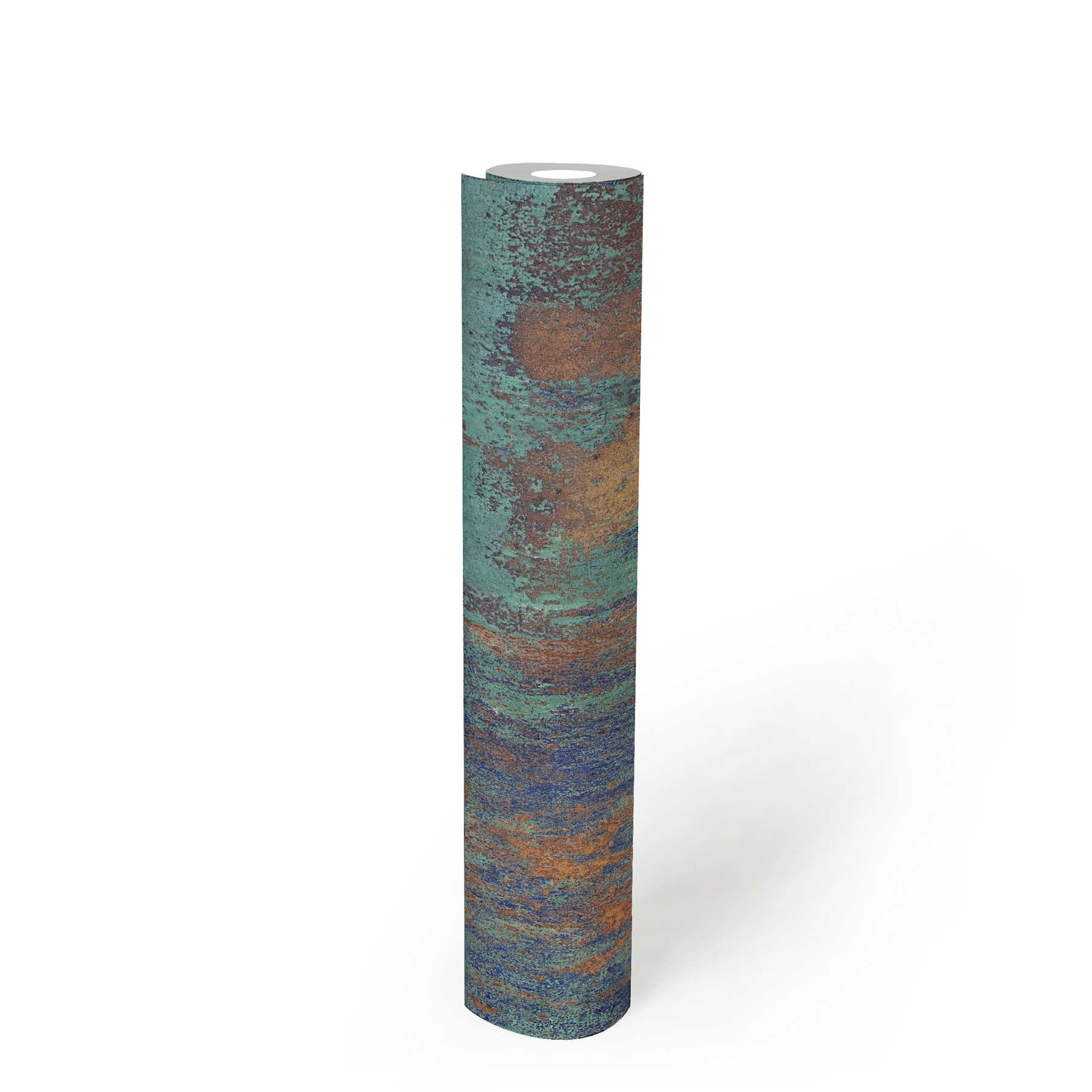             Papel pintado no tejido de diseño patinado con efectos de óxido y cobre - azul, marrón, cobre
        