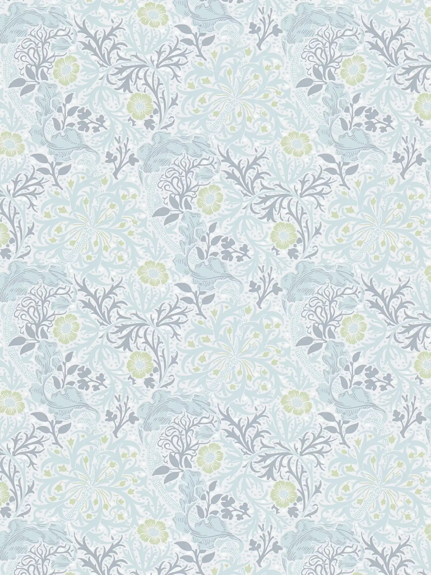 Nature design leaves & flowers wallpaper - grey, green, white

