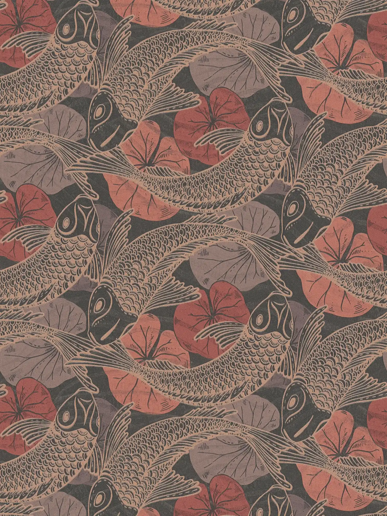Papier peint à motifs Koi motif avec accents métalliques - marron, rouge, noir
