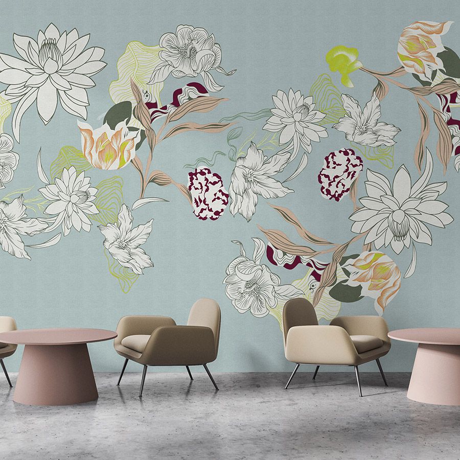 Photo wallpaper »botany 2« - Abstract floral motifs with green accents against a subtle linen texture - Smooth, slightly pearlescent non-woven fabric

