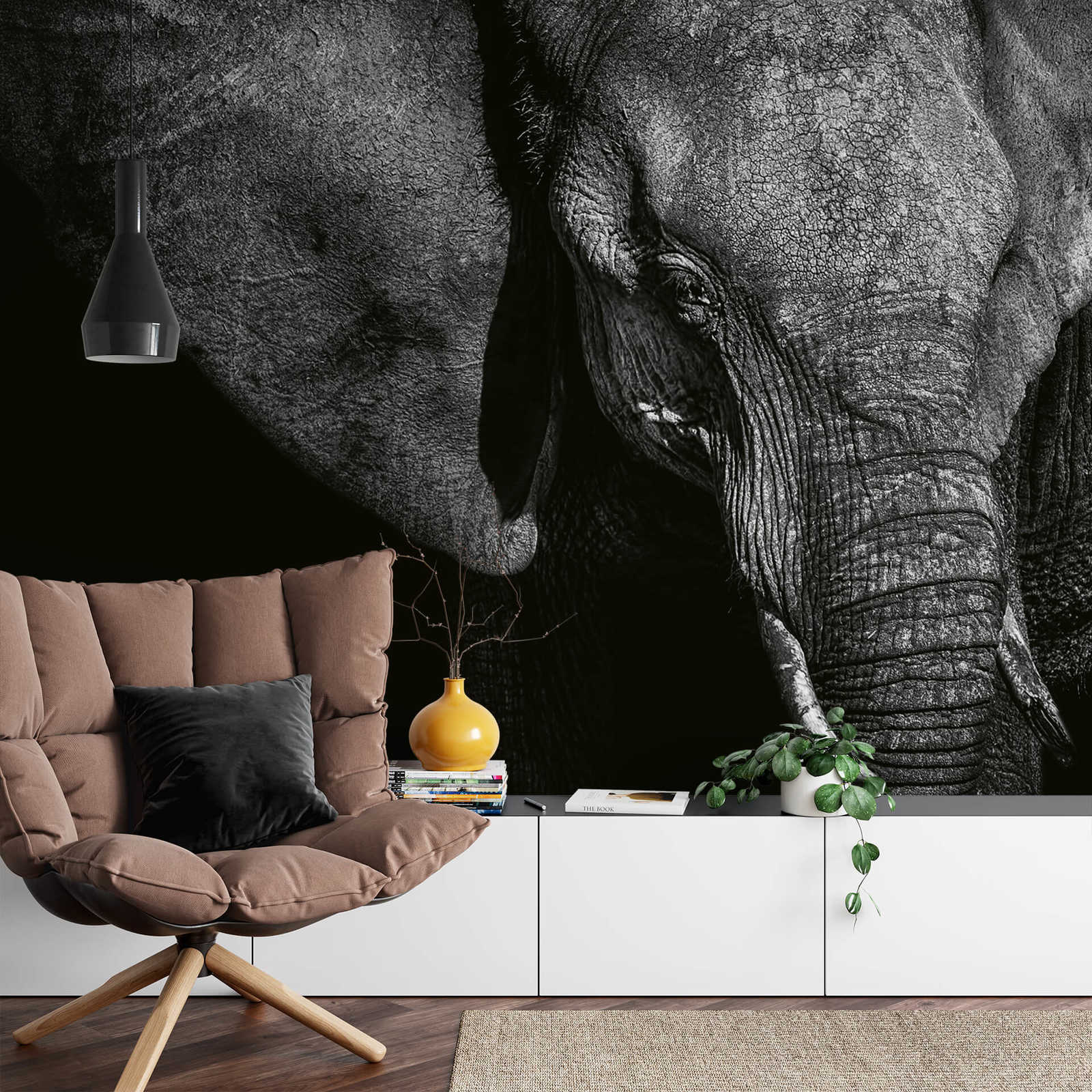             Muurschildering Dierenolifant - Zwart, Grijs, Wit
        