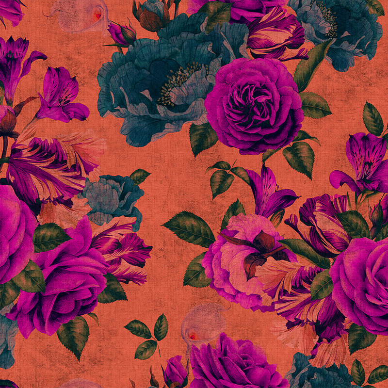 Spaanse roos 2 - Rozenbloesem behang, natuurlijke structuur met heldere kleuren - Oranje, Violet | Premium glad vlies
