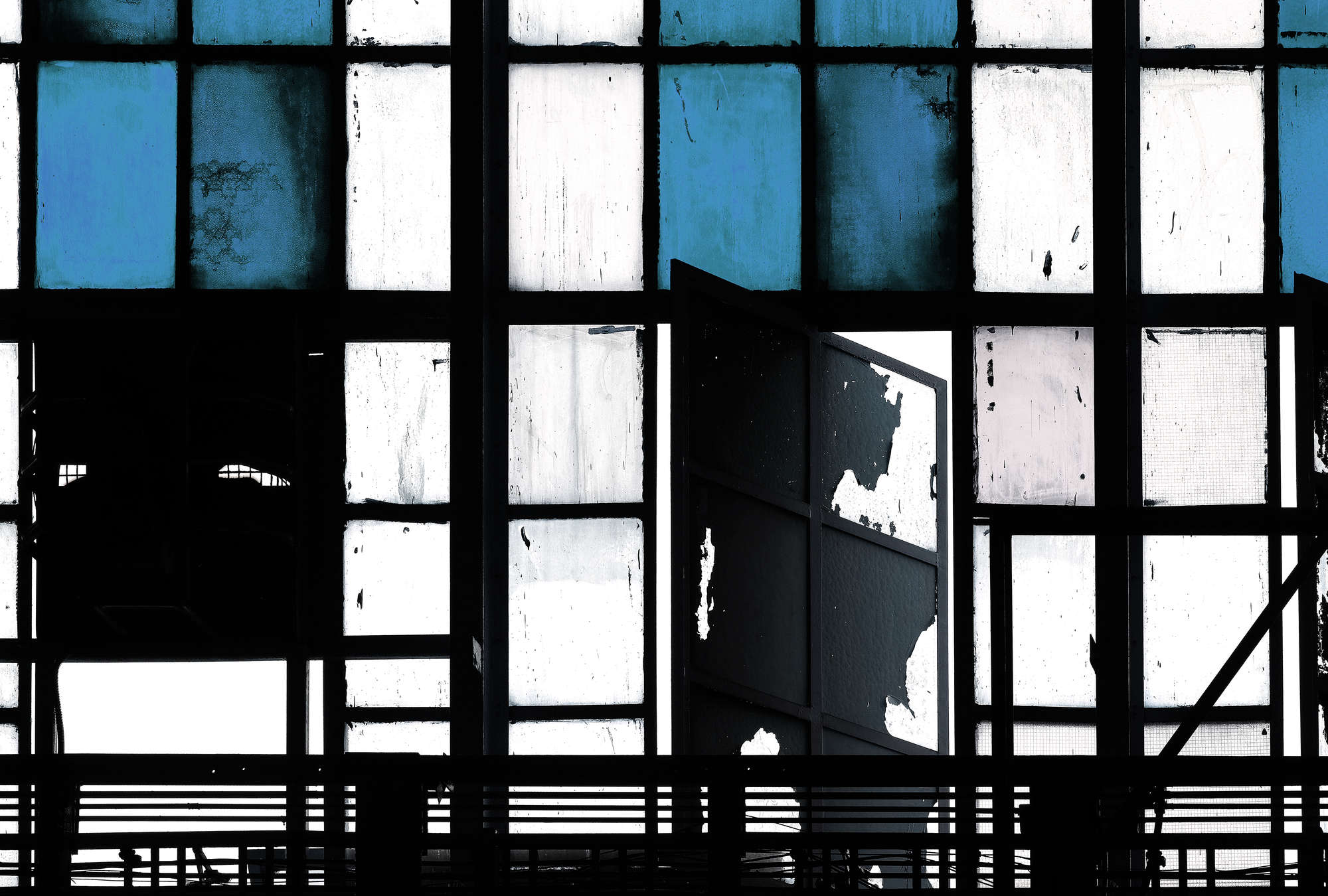             Bronx 3 - Photo wallpaper, Loft with stained glass windows - Blue, Black | Matt smooth fleece
        