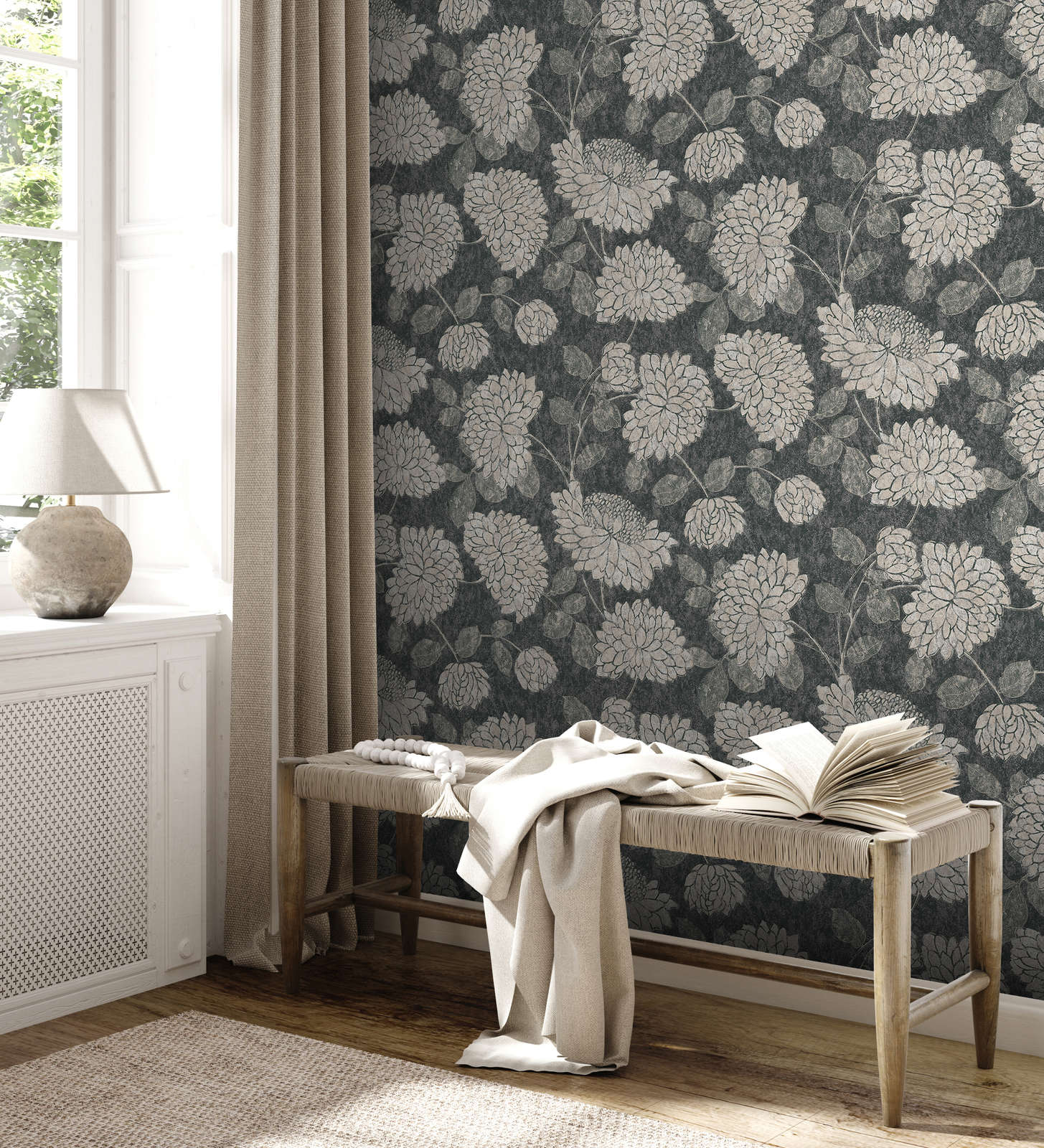             Pattern wallpaper with flowers with a slight sheen - black, white, silver
        