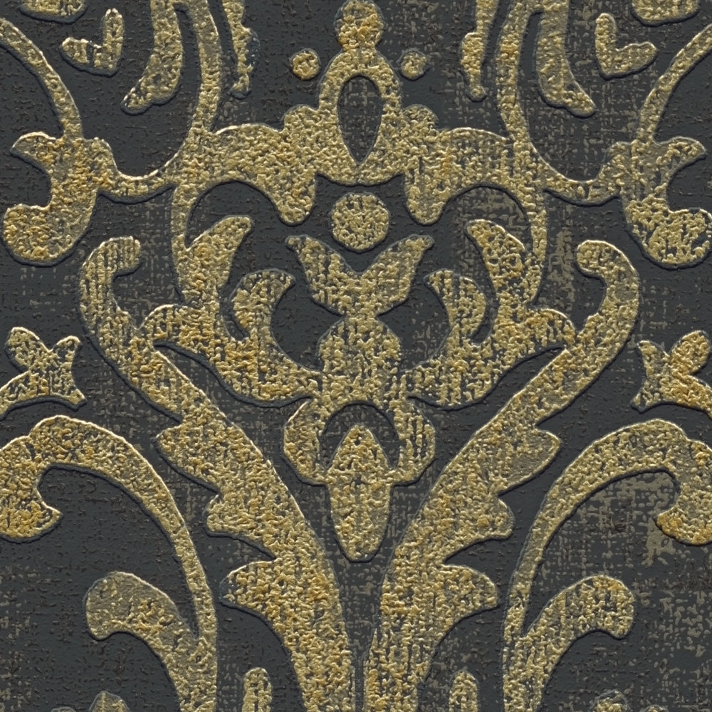             Non-woven wallpaper with baroque ornaments & metallic used look - black, gold
        