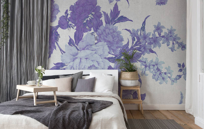             Papel pintado con rosas, adornos florales y aspecto textil - Púrpura, azul, blanco
        