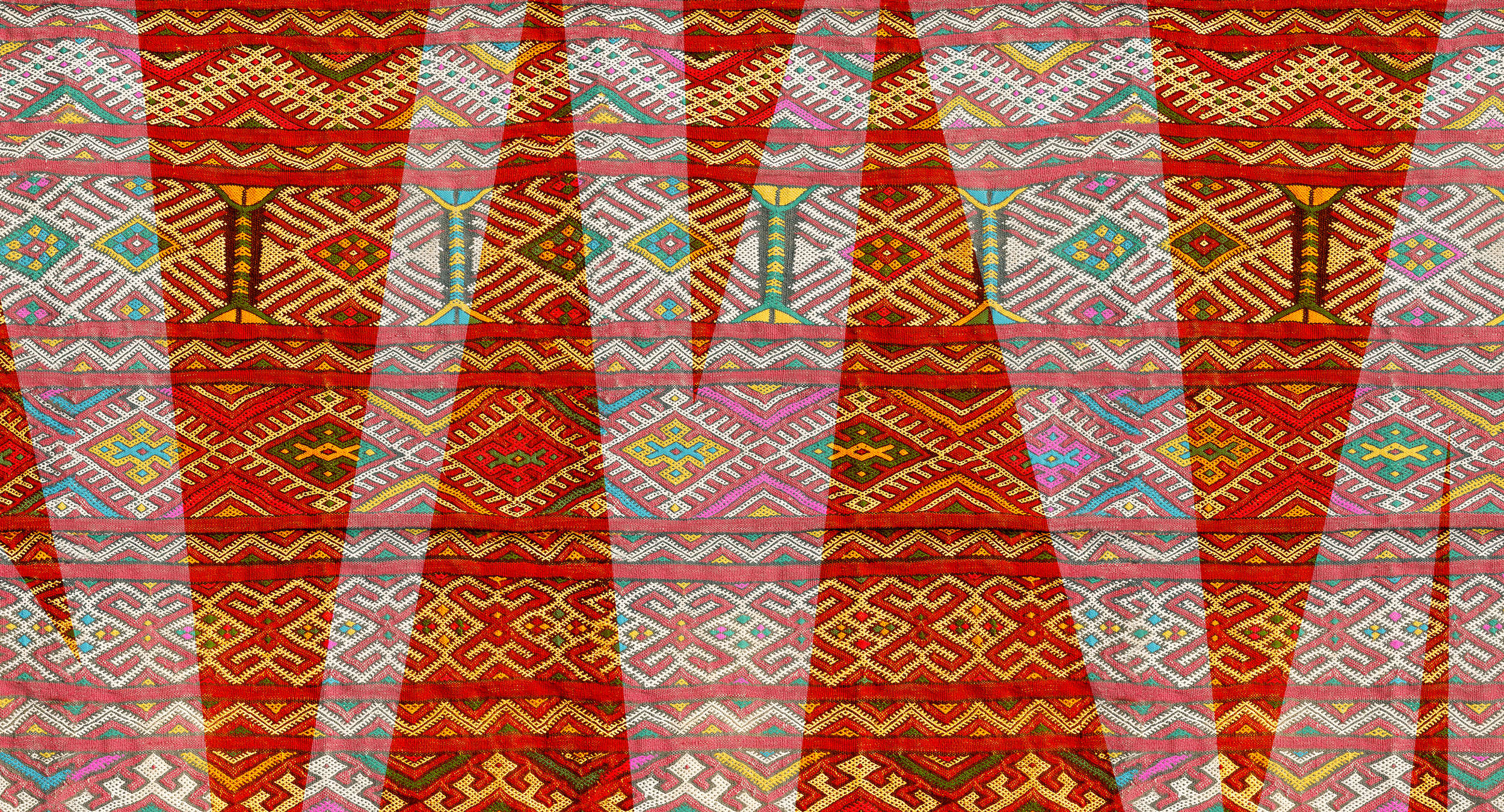             Carta da parati etnica con design tessile e motivo a trama - Rosso, verde, bianco
        