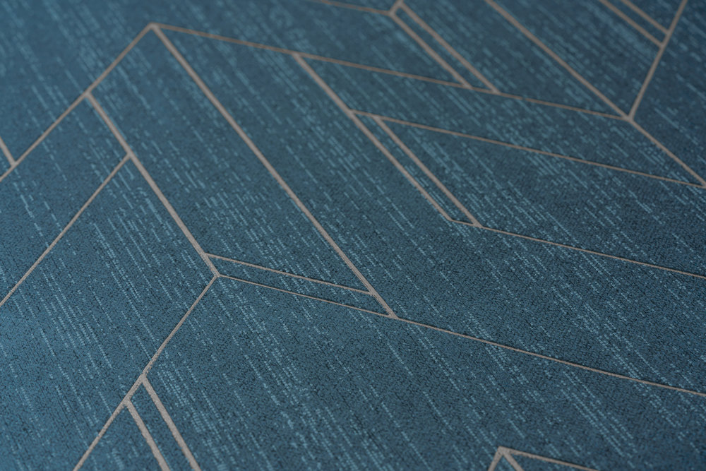             Donkerblauw behang met zilver grafisch patroon & glanzend effect - Blauw, Metallic
        