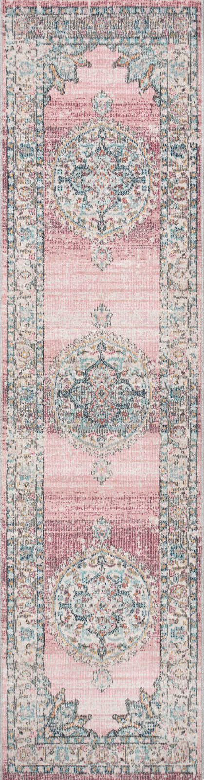             Tapis en lin tissé avec des accents roses comme tapis de passage - 300 x 80 cm
        