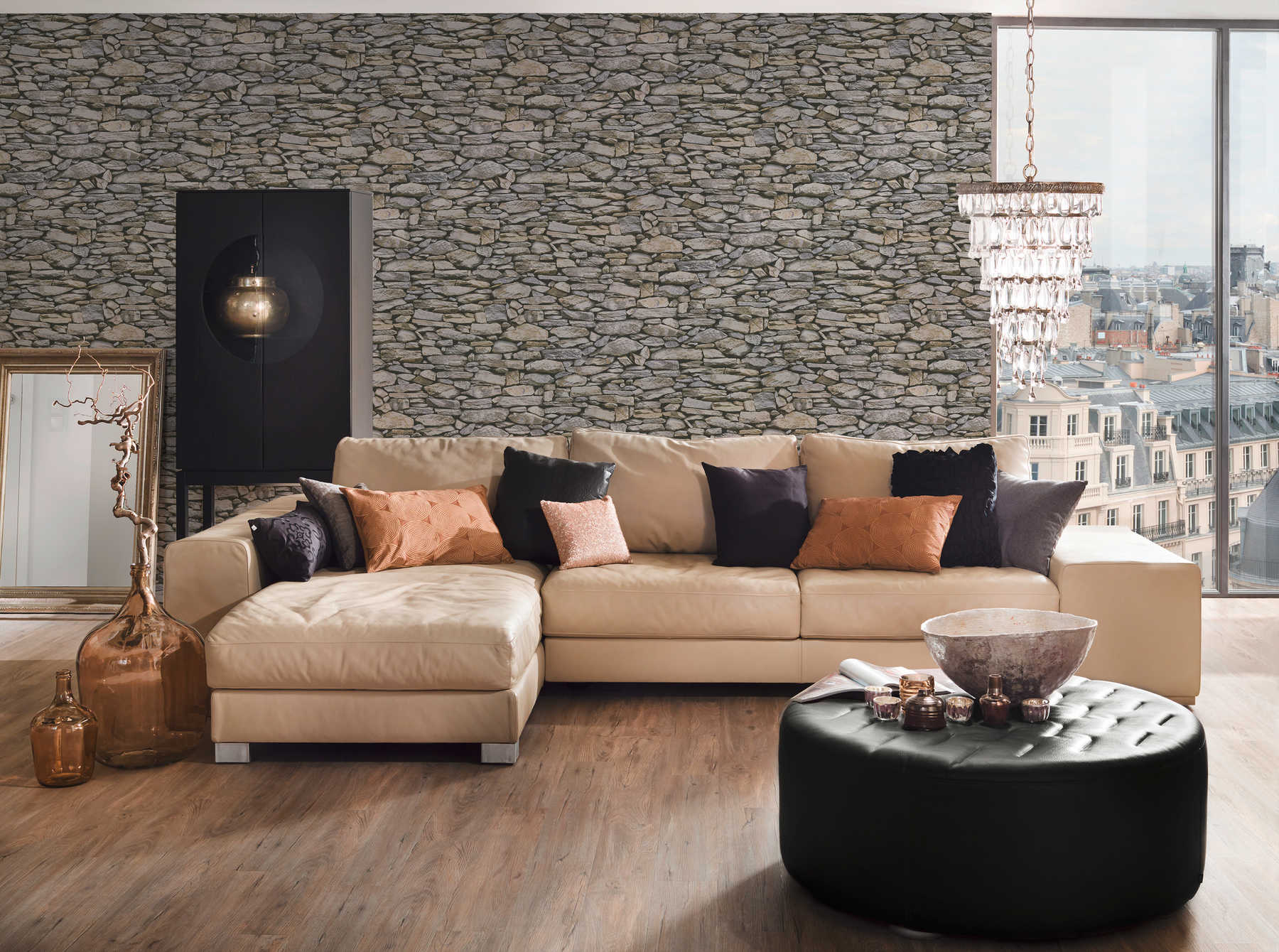             Stone pattern wallpaper, realistic wall look - beige, grey
        