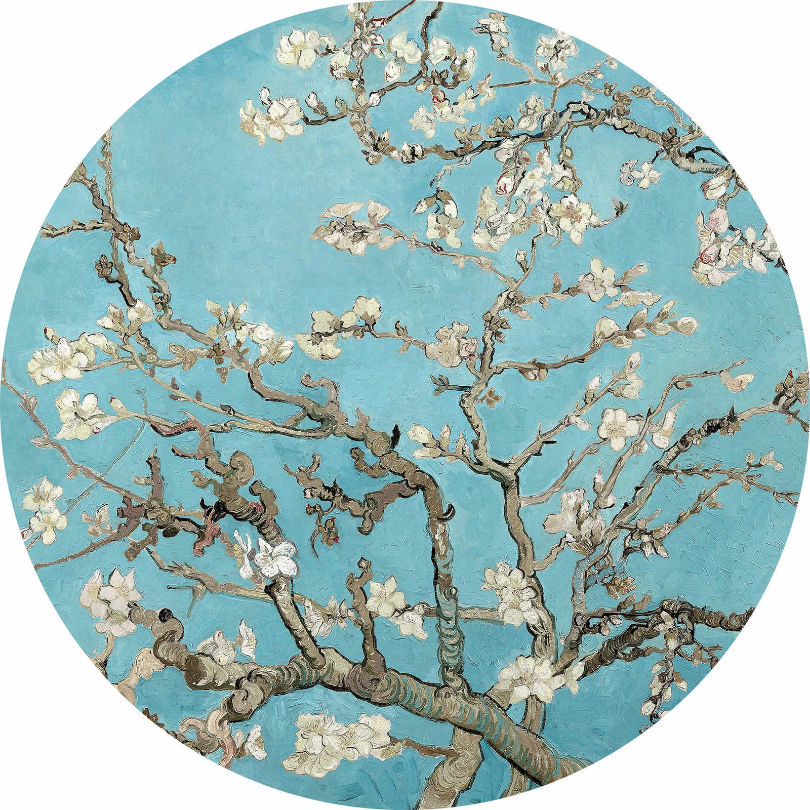         Round photo wallpaper almond blossoms in blue and white
    