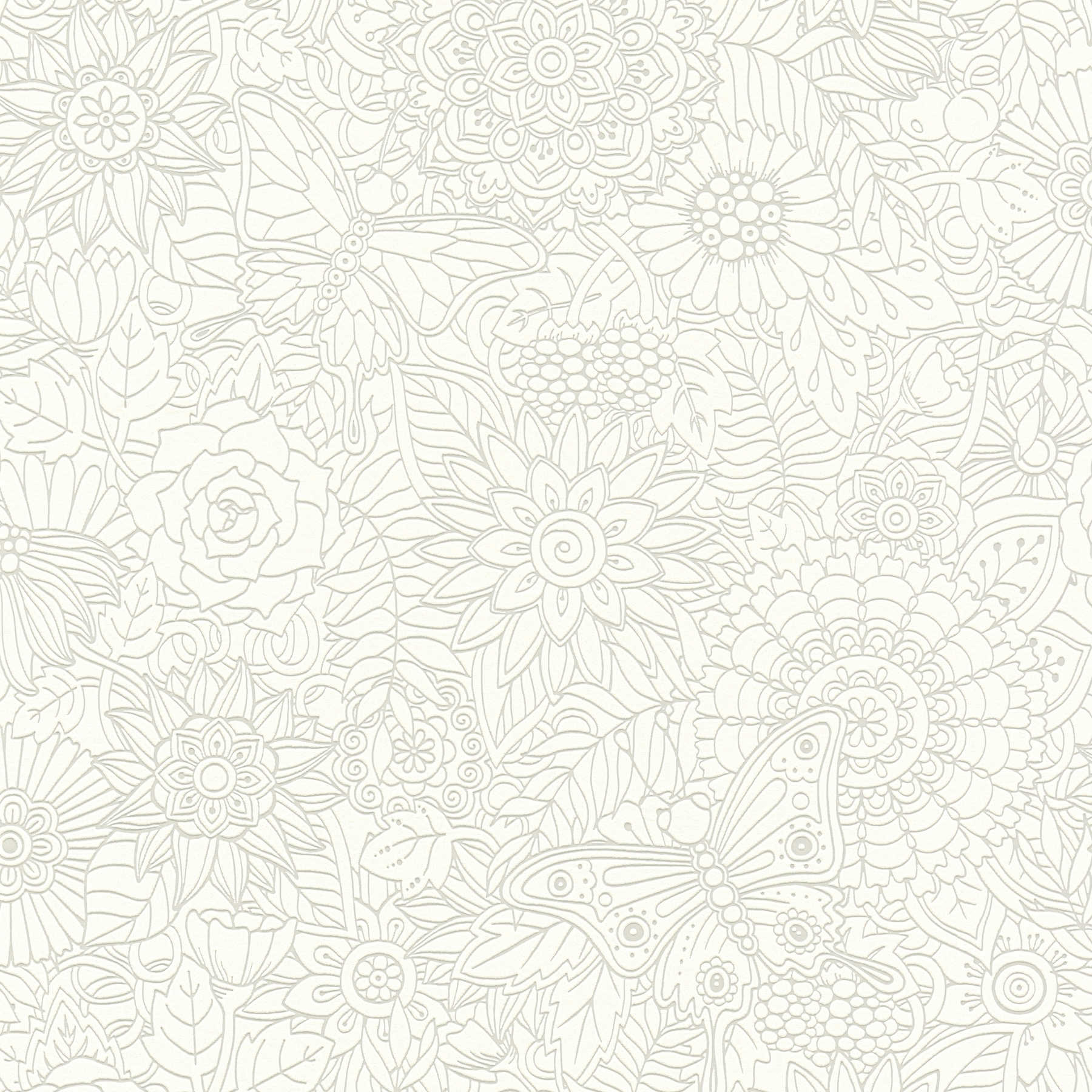 Non-woven wallpaper floral doodle design, matte & glossy - white,
