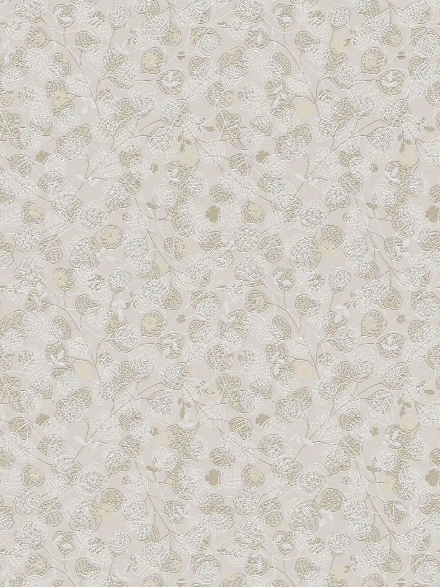 Non-woven wallpaper with floral blossom & leaf pattern - beige, white
