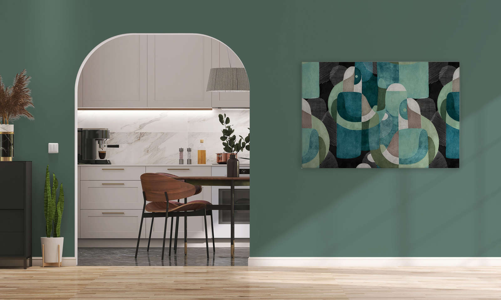             Meeting Place 1 - Canvas painting abstract ethno design in black & green - 1,20 m x 0,80 m
        