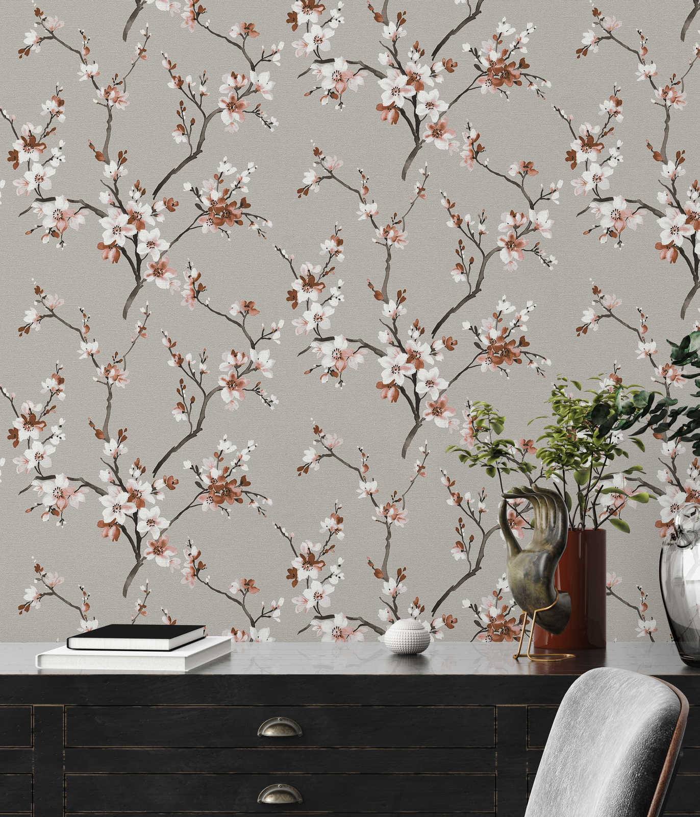             Floral wallpaper grey with brown watercolour flowers
        