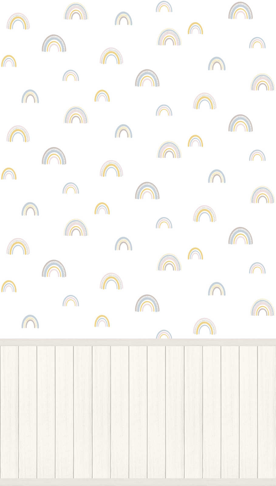             Non-woven motif wallpaper with wood-effect plinth border and rainbow pattern - white, grey, colourful
        