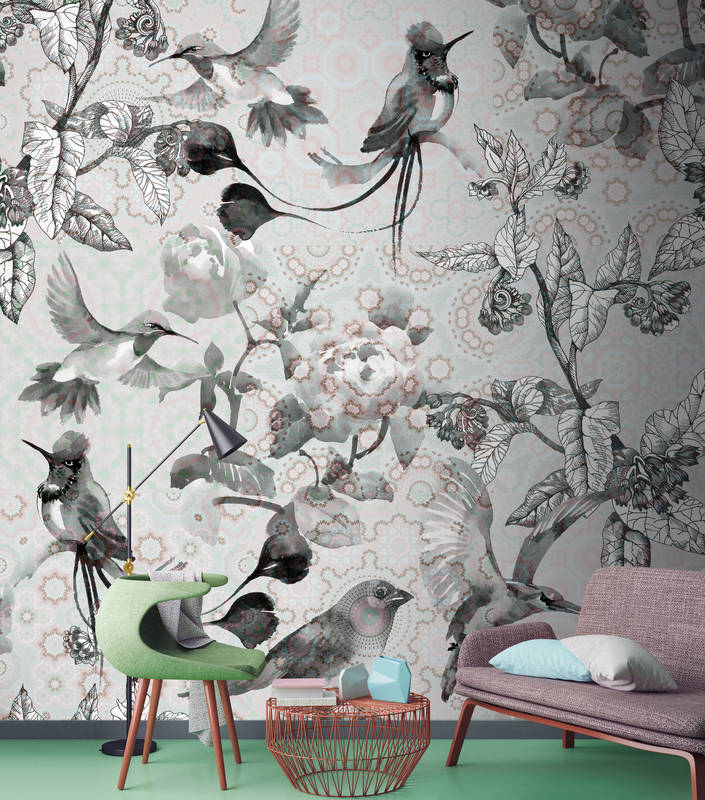             Mural de pared de diseño de la naturaleza en estilo collage - gris, blanco
        