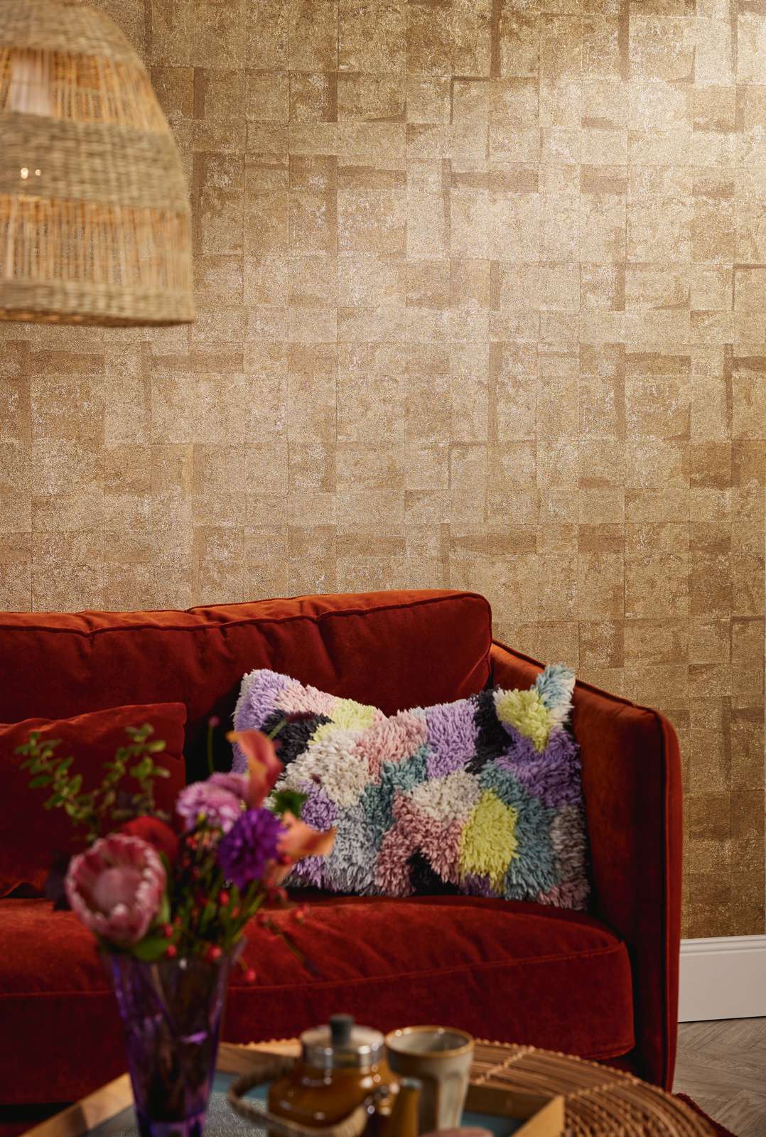             Textured non-woven wallpaper in tile look with metallic effect - Gold
        