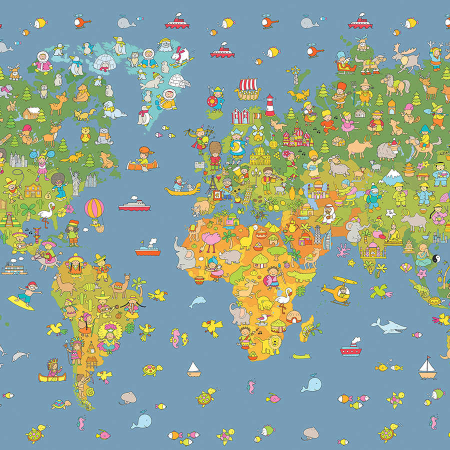 Kids mural world map with country symbols on mother of pearl smooth fleece
