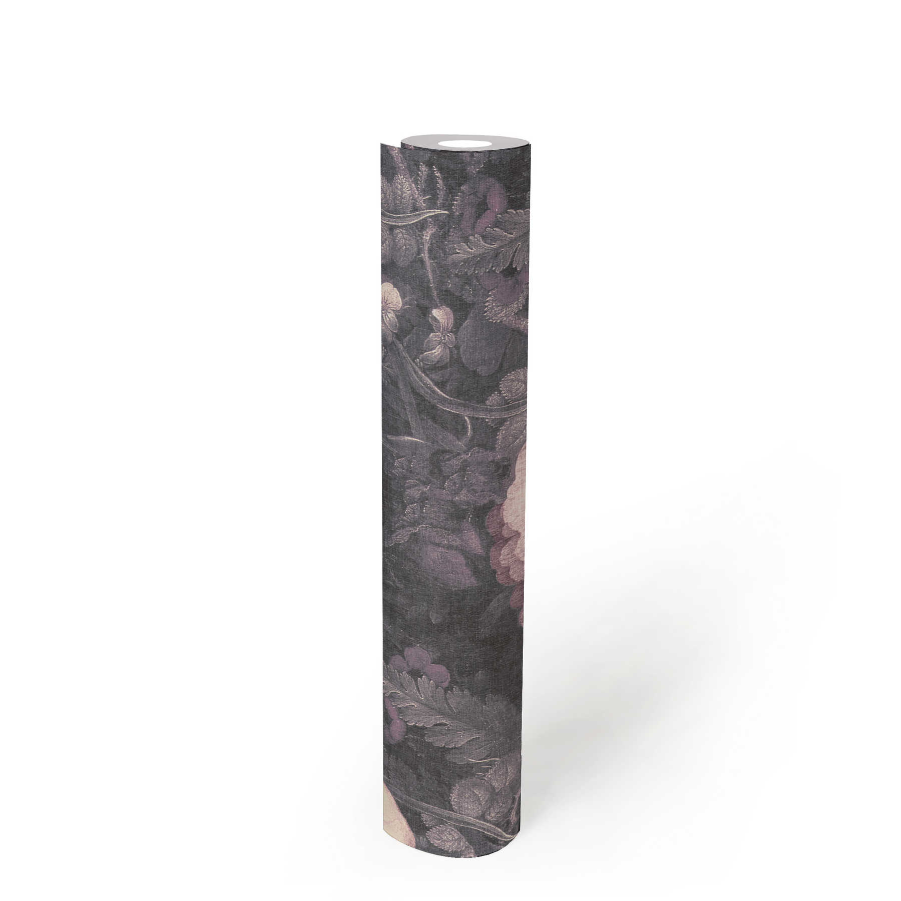             Papier peint fleuri style tableau, aspect canevas - gris, rose, noir
        