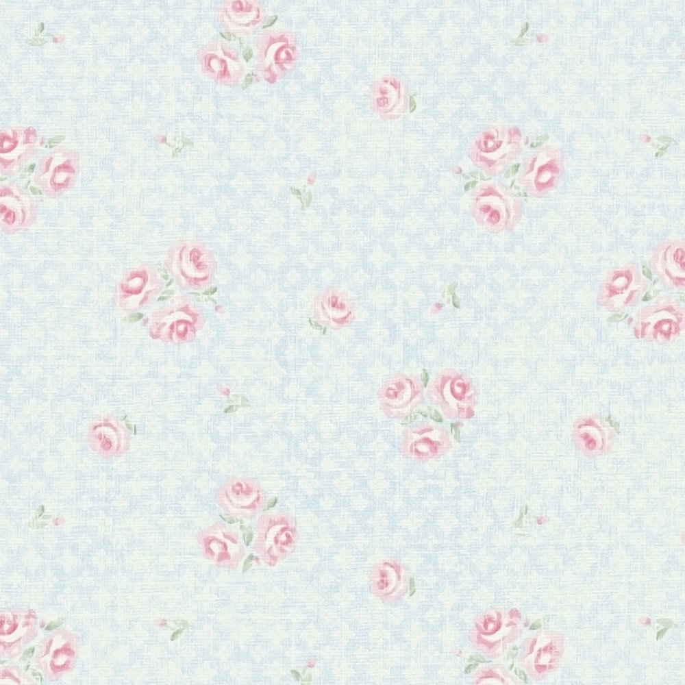             Carta da parati floreale in stile Shabby Chic - blu, rosa, bianco
        