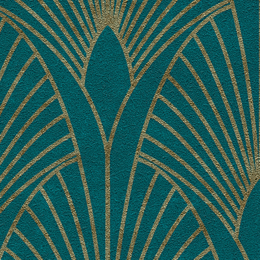             Papel pintado Art Deco patrón retro dorado - azul, dorado, verde
        