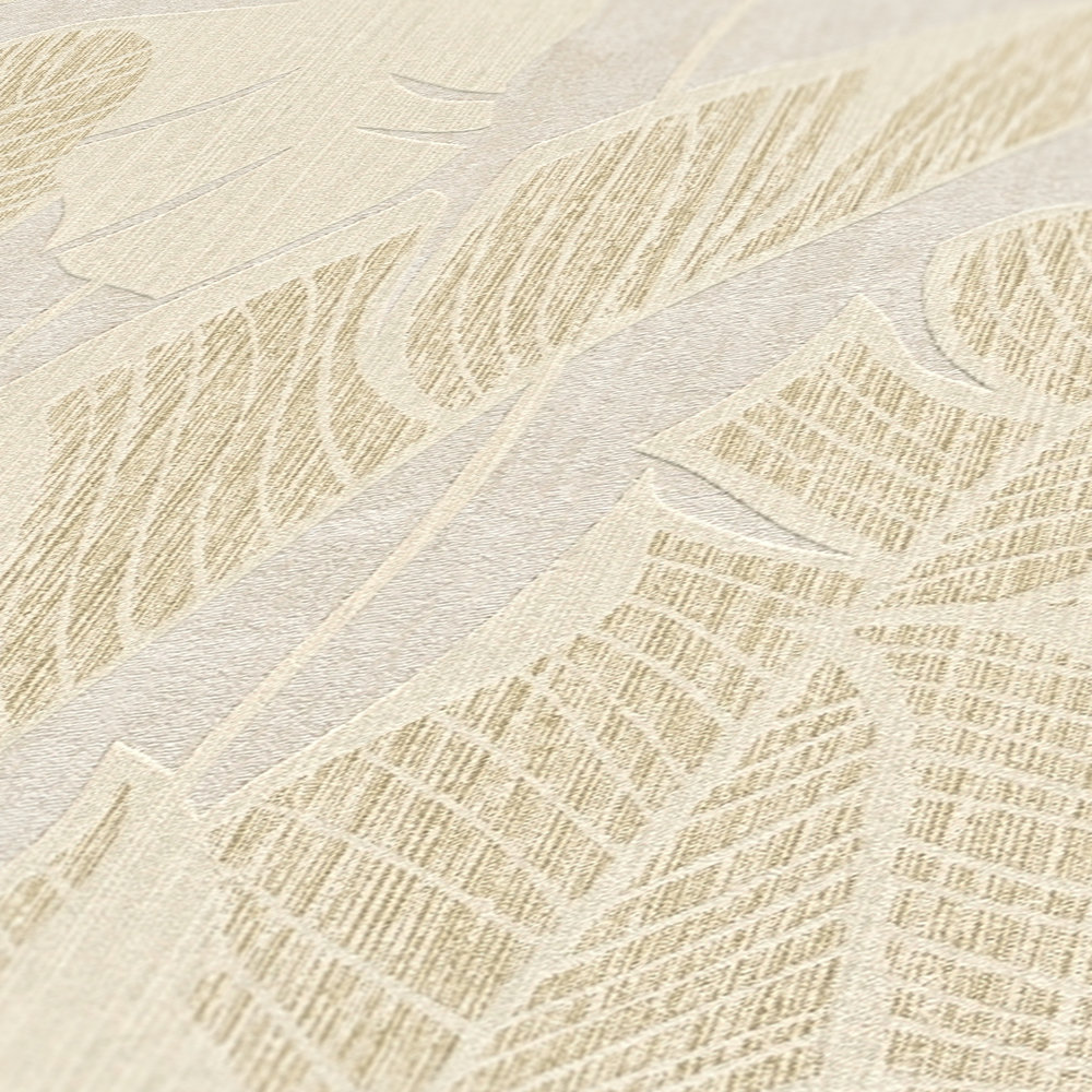             Onderlaag behang met junglepatroon in zachte kleuren - wit, beige, goud
        