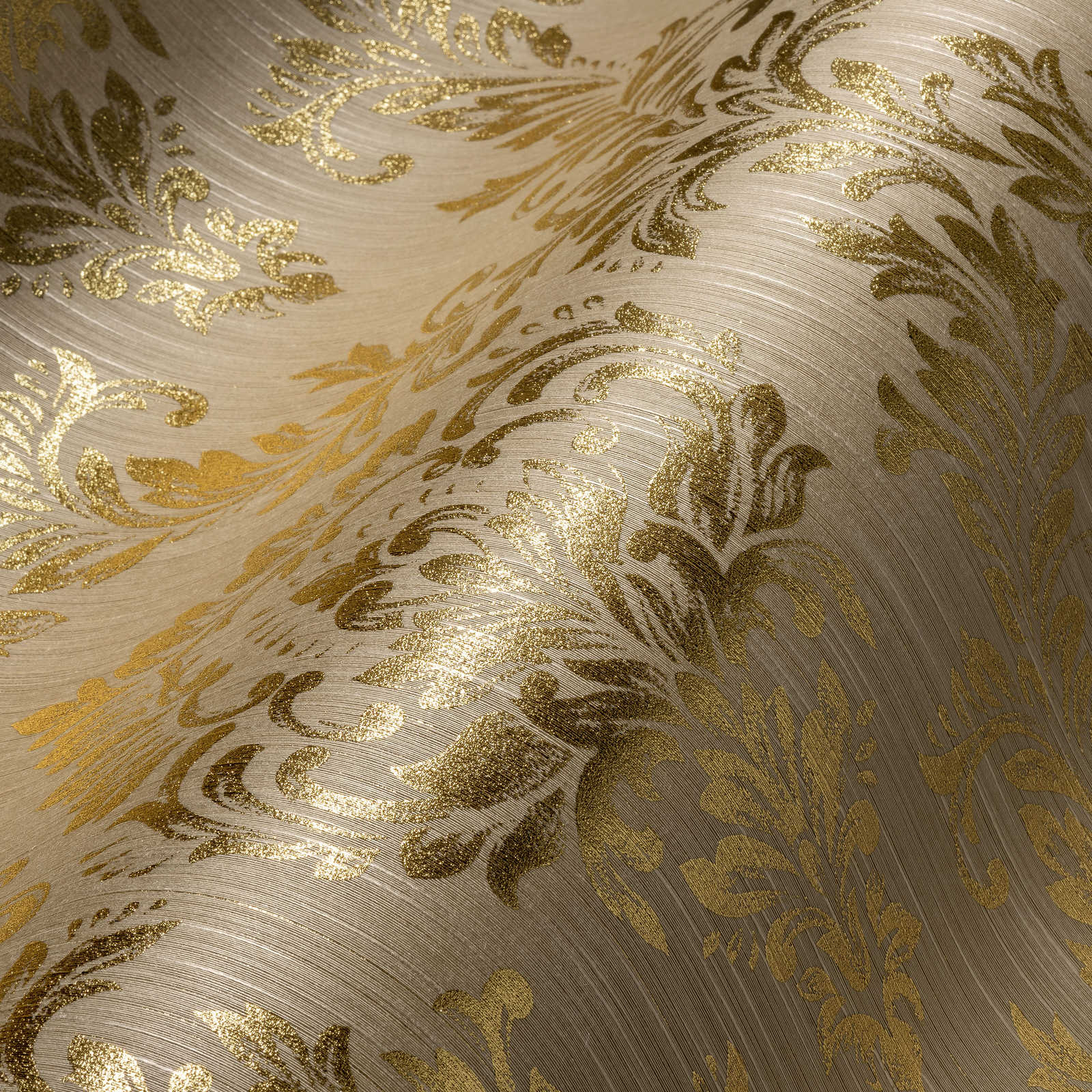             Papier peint ornemental floral avec effet scintillant doré - or, beige
        