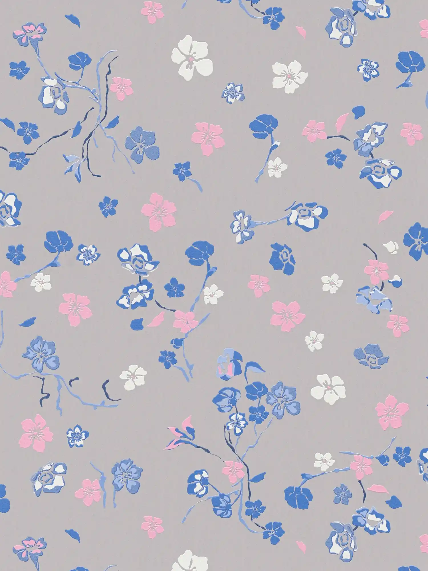Bloemenpatroon behang met glanzend effect - grijs, blauw, roze

