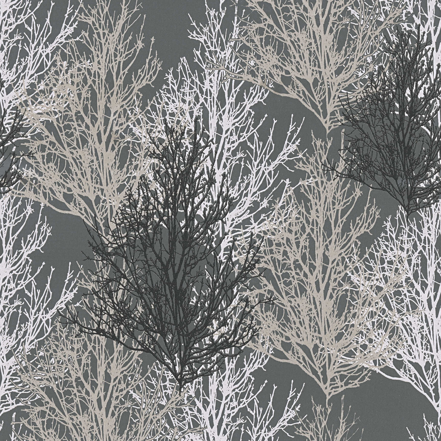 Wallpaper tree design with metallic colours & textured pattern - grey
