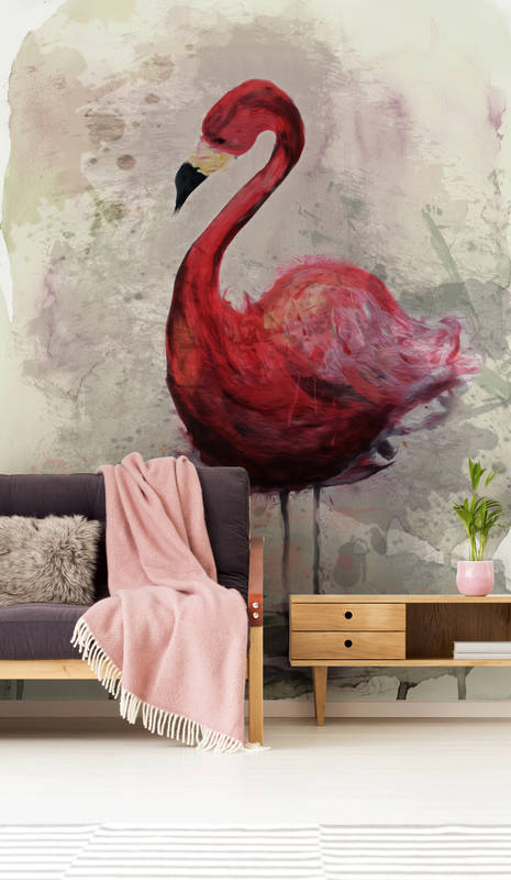             Aquarel muurschildering met flamingo motief in tekenstijl
        
