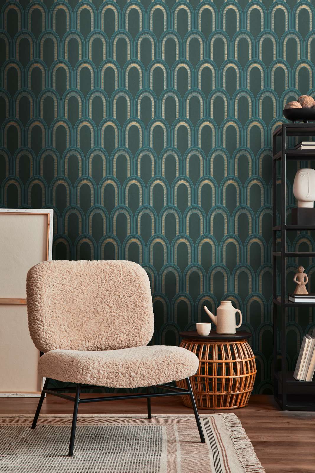             Wallpaper with bow pattern and glossy effect - petrol, blue, gold
        
