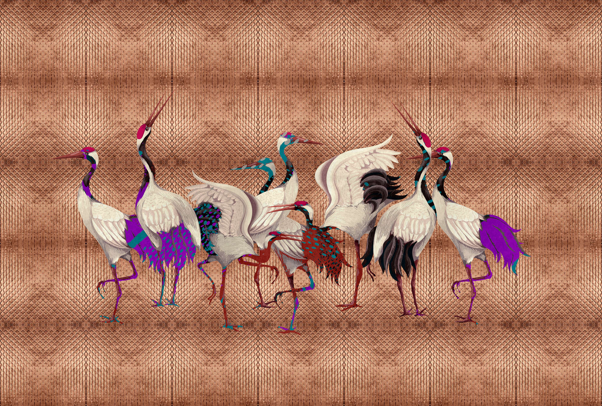             Land of Happiness 2 - Metallic copper wall mural with colourful crane motif
        