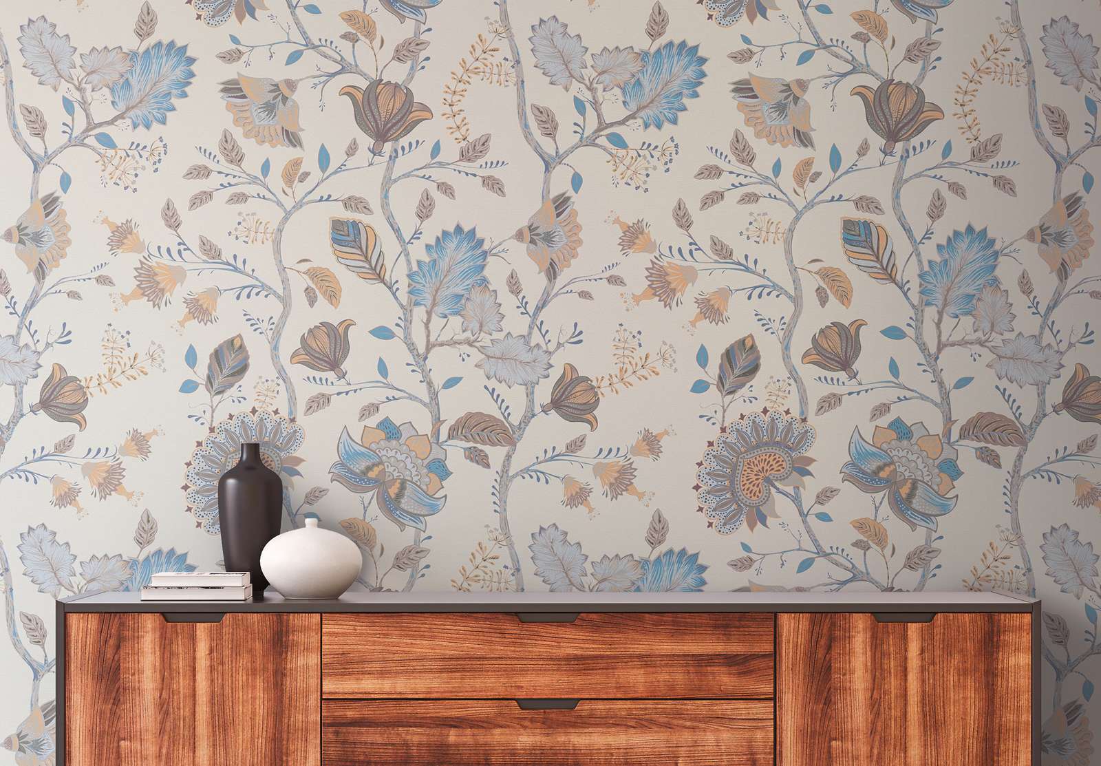             Non-woven wallpaper with floral pattern - blue, cream, grey
        