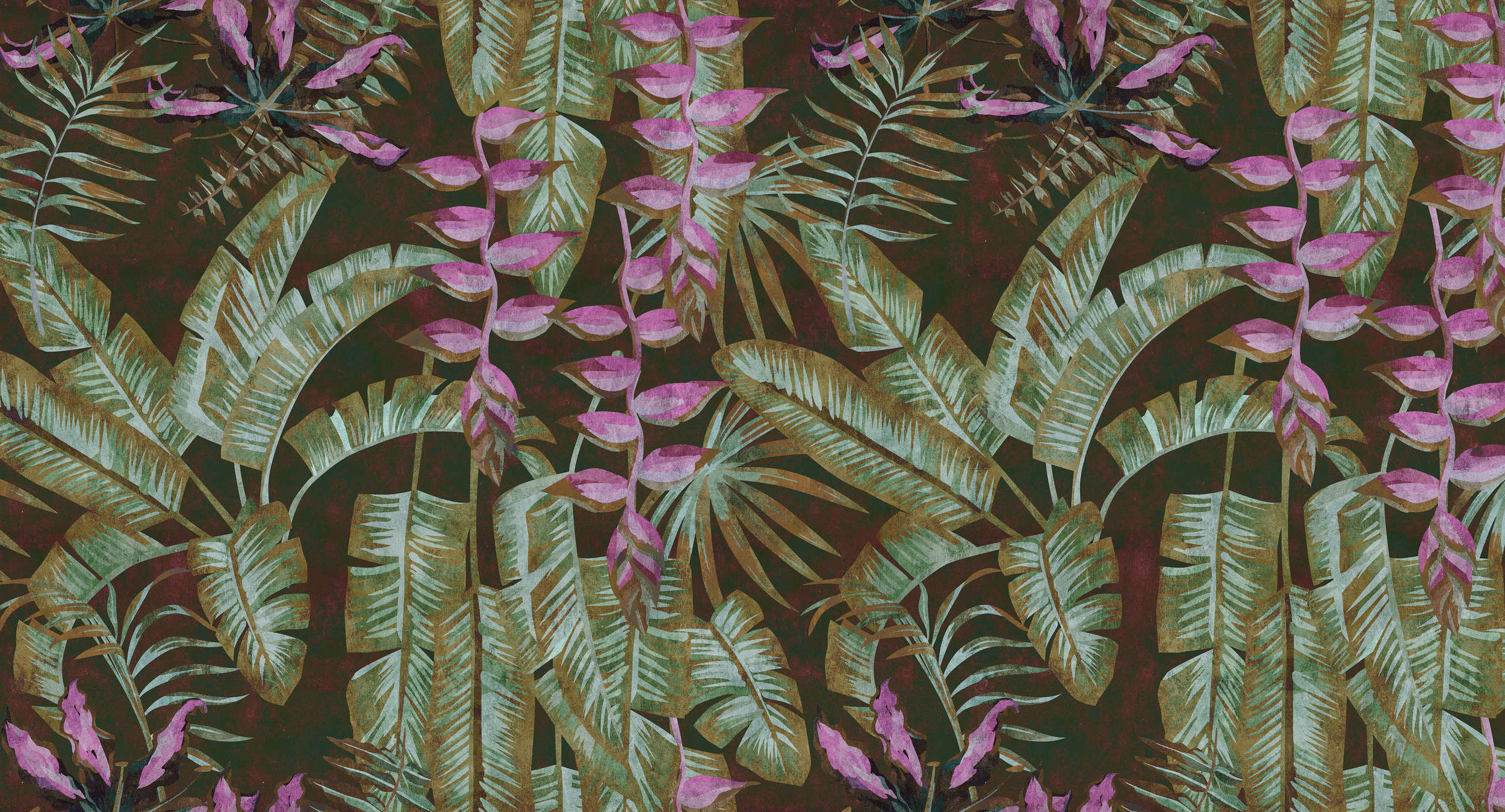            Tropicana 1 - Carta da parati della giungla con texture di carta assorbente e foglie di banano - Verde, viola | Materiali non tessuto liscio perlato
        
