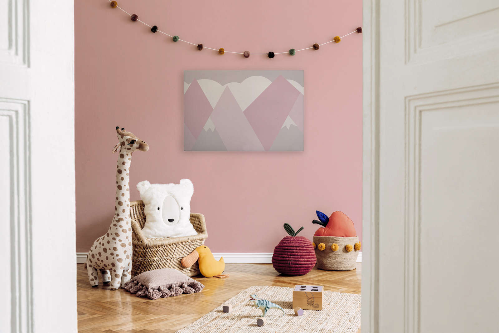             Canvas painting Nursery Mountains with clouds | pink, white, grey - 0,90 m x 0,60 m
        