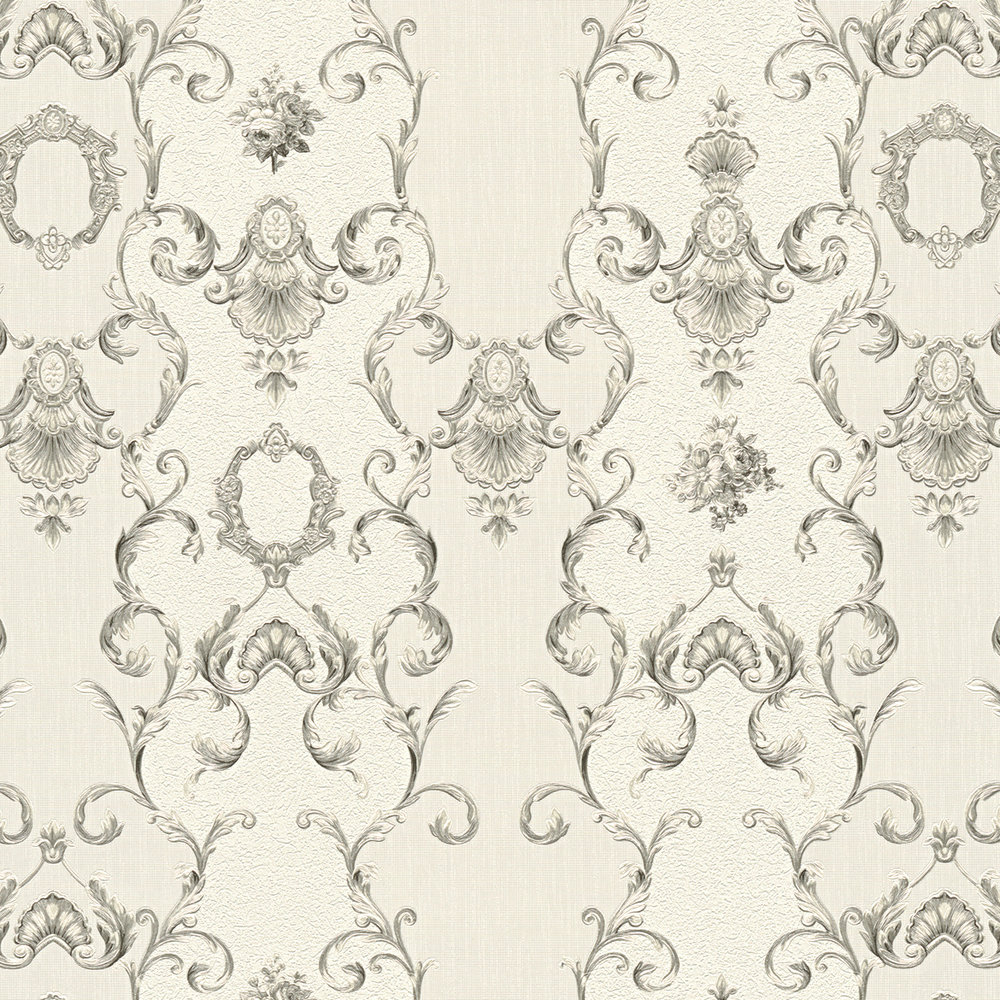            Carta da parati ornamentale in stile classicista con design metallico - grigio, bianco
        