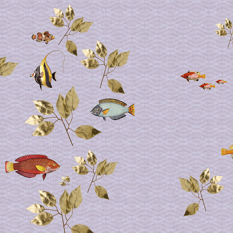 Brilliant fish 2 - Carta da parati a forma di pesce con struttura in lino naturale e mix di stile moderno - Viola | Vello liscio opaco
