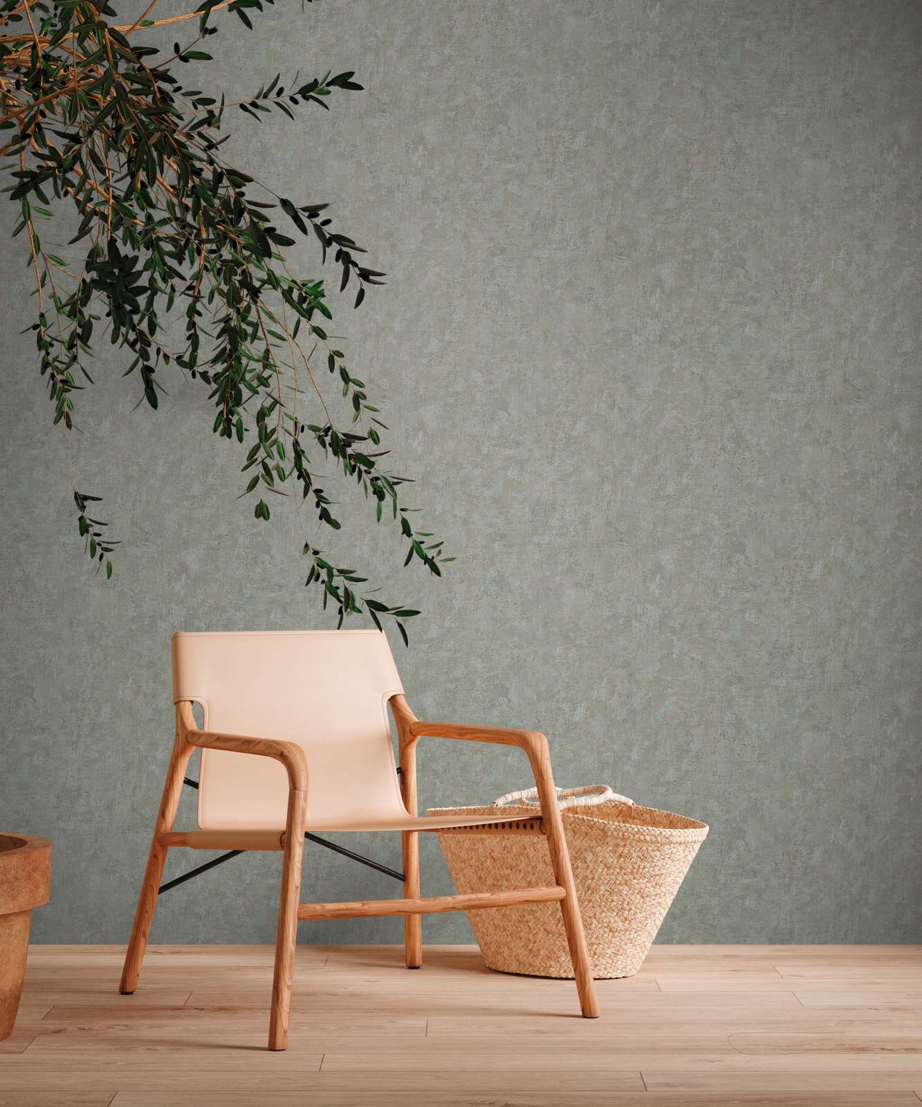             PVC-free non-woven wallpaper with textured look - green, blue
        