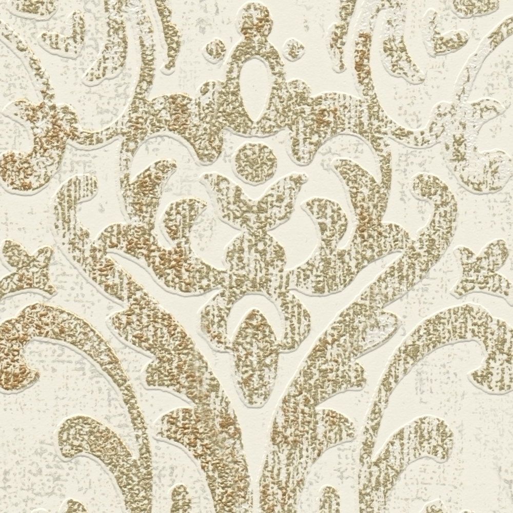             Papier peint intissé baroque avec ornement et aspect métallique brillant - blanc, or, argent
        