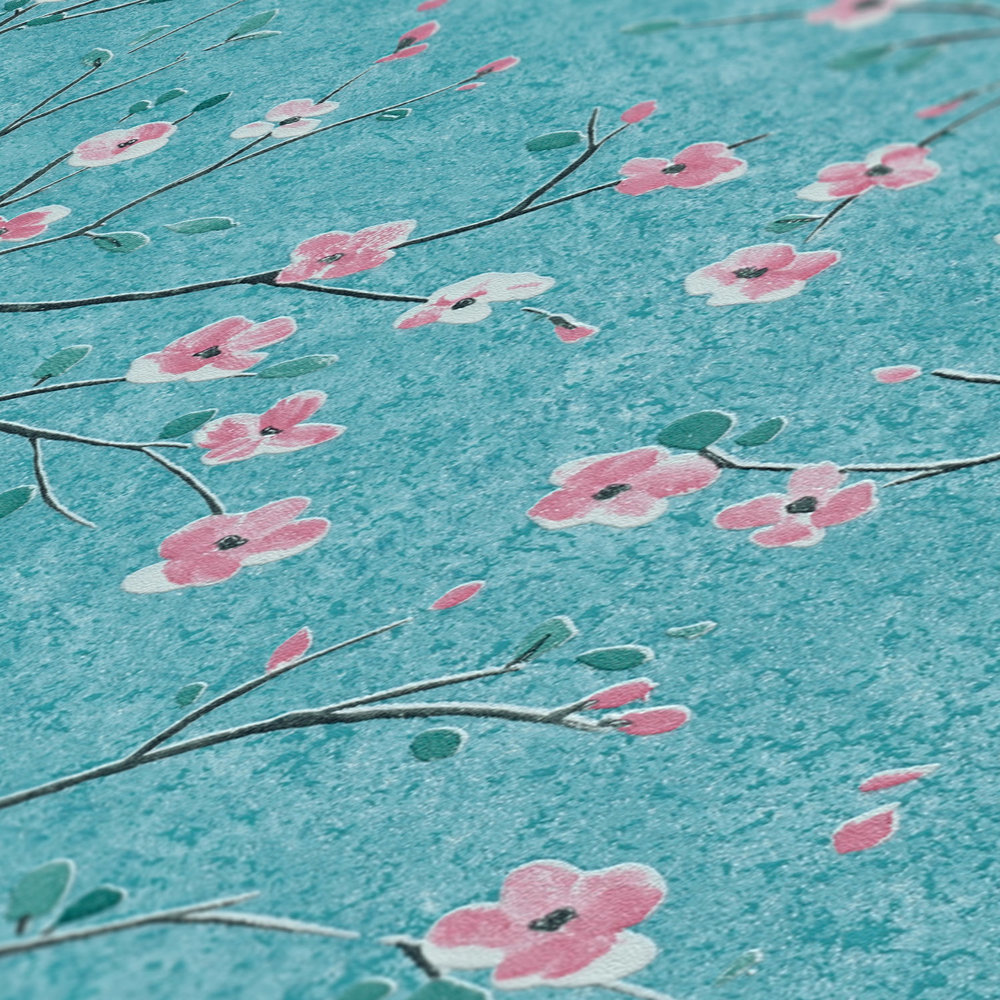             Carta da parati giapponese con fiori di ciliegio - Blu, verde, rosa
        